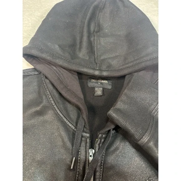 True Religion Men's Size Jet Black Coated Moto Hoodie Jacket Size 3XL - Picture 3 of 12